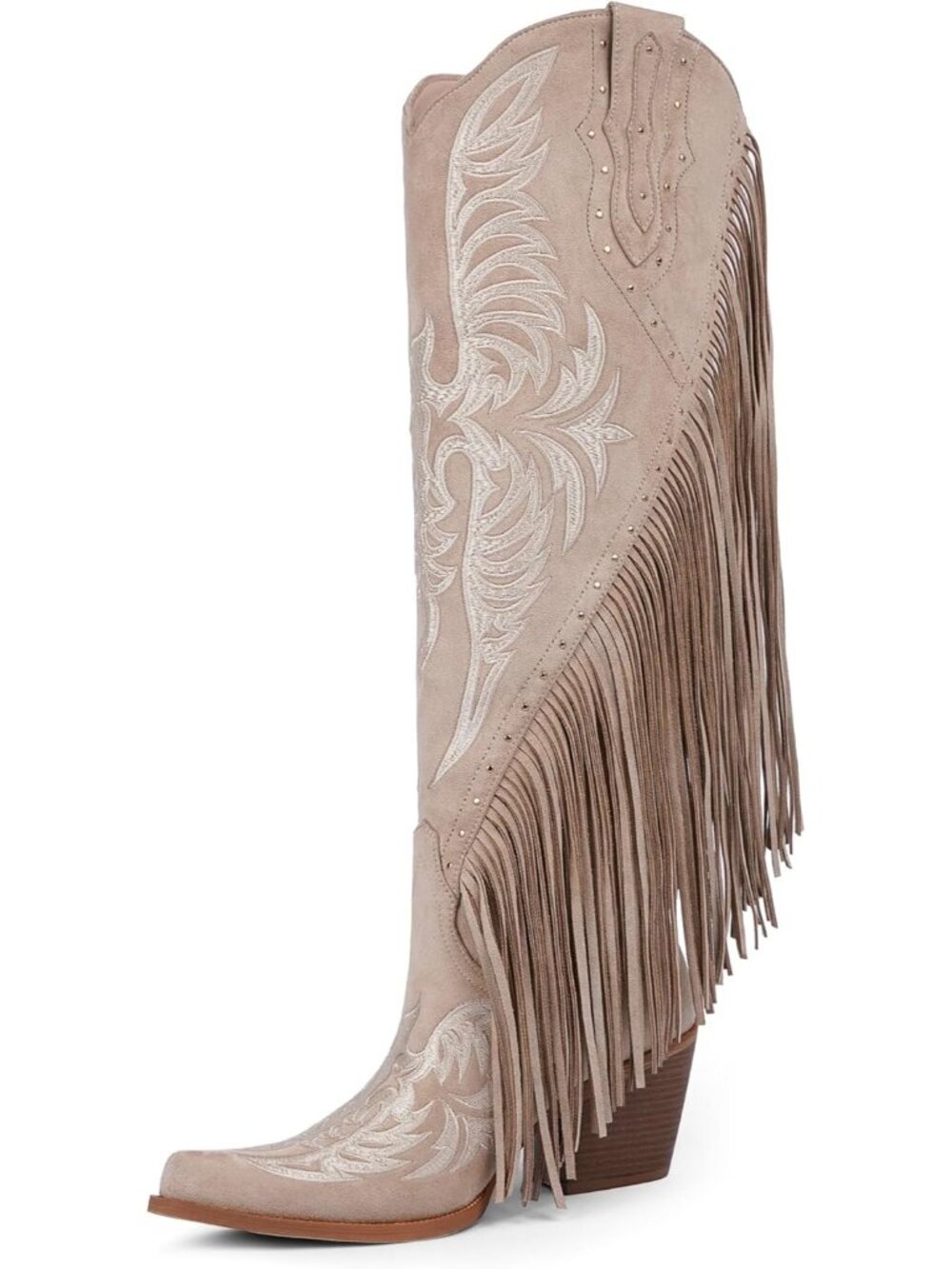 Women's Beige Fringe Cowgirl Boots Embroidered Studded Pointed Toe Chunky Heel